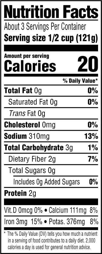 Nutrition label for Popeye Chopped Spinach 13.5 oz can